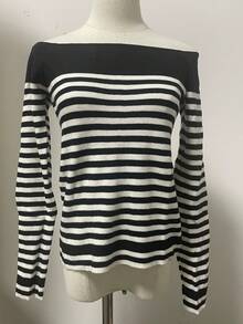 Women's Off-Shoulder Striped Knit Top, Autumn/Winter Slimming Base Layer, Sexy Cold Shoulder Contrast Color Sweater - Black and White Stripes - View 6