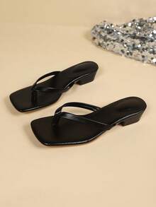 Oversized Square Toe Summer New Slide Sandals, Thin Heel Thong Sandals, Versatile Thin Heel Toe-Post Flip-Flops For Women - Black - View 3