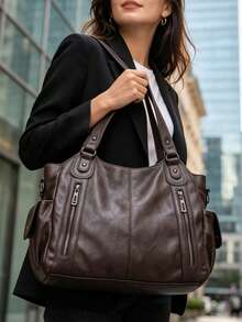 Women's Vintage Tote Bag, Large Capacity Shoulder Handbag, Removable Crossbody Strap Multi Zipper Casual Travel Bag - Coffee - View 2