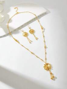 Mgyi 2Pcs Bohemian Brass Gold Plated Embossed Flower Jewelry Set For Women Vacation - Gold - View 10