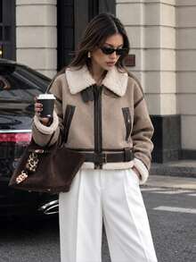 Women Retro Loose Spliced Faux Leather Soft Fur Short Jacket Winter Female Zipper Belt Coat Vintage Outwear - Khaki - View 4