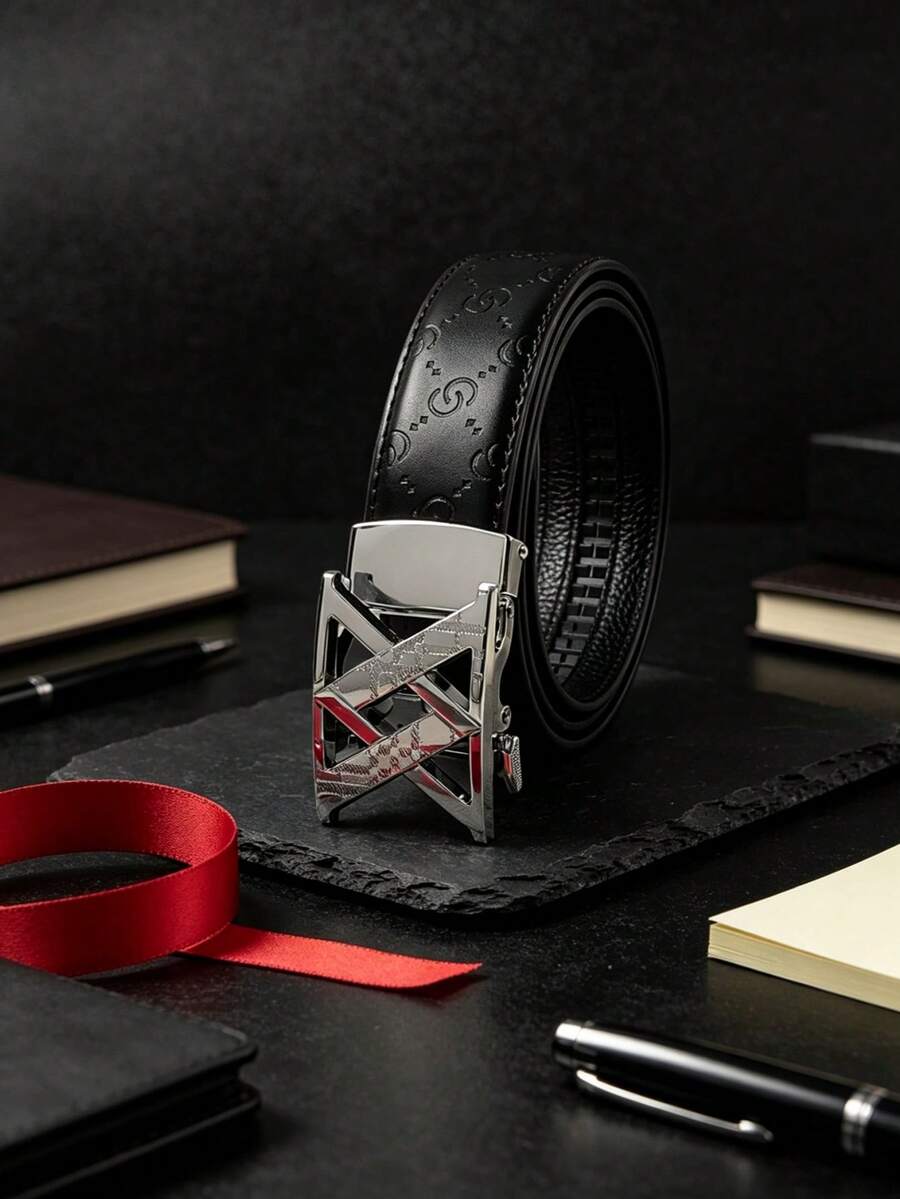 1pc Men's Luxury Belt With Letter Alloy Automatic Buckle, Premium PU Embossed Strap, Multiple Colors Available, 47.2inch Length Adjustable, Suitable For Daily Wear, Jeans, Shorts, Perfect Gift For Boyfriend And Father - Multicolor - View 1