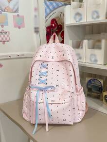 Dot Bow Print Backpack For Girls, Lace-Up Front Ribbon Decor Multi-Pocket Lightweight Casual Daypack School Rucksack Daily Use - Multicolor - View 7
