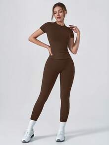 NcmRyu Women's One Set Solid Color Ribbed Seamless Crew Neck Short Sleeve Soft High Waist Ruched Athletic Tight Long Pants Set - Mocha Brown - View 7