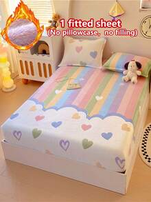 Thickened Snowflake Fleece Single Fitted Sheet (Pillowcase Not Included), Autumn/Winter Cartoon Print Non-Slip Mattress Protector, Snowflake Fleece Fabric, Soft And Warm, Elastic Band Design, Suitable For Bedroom Decor, Hotel And Dormitory Decor - Heart to Heart - View 8