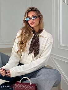 Women's Vintage White Lapel Ribbed Knit Cardigan With Cuffed Design, Mid-Stretch Autumn Fashion Jacket - Apricot - View 5