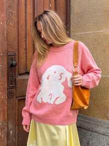 New Fashion Pink Sweet Style Cartoon Pattern Women's Loose Casual Sweater - Pink - View 3