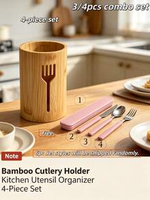 3/4pcs (Storage Bucket + Knife + Fork + Spoon) Set Combination Carbonized Bamboo Rustic Kitchen Utensil Holder, Divided Cutlery Tray Storage, Bottom Ventilation & Moisture-Proof, Natural Rustic Style Cutlery Rack Spoon Holder (Random Style Shipped) - View 3