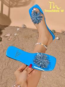 Women's Sandals New Style Fashion Cute Sunflower Applique Slides (Runs Small 1 Size) - Blue - View 9