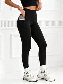 Kuswouy Women's Solid Color High Waist Fitted Pocket Sports Knit Leggings - Black - View 5