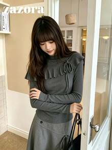 2-In-1 Layered Ruffle Trim Long Sleeve Fitted Slimming Solid Color Minimalist T-Shirt Top For Early Autumn - Grey - View 5