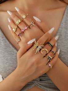European And American New Style Combination Rings, Personalized Oil Drop Rhinestone Butterfly Heart Star Bow 13pcs Set Hand Jewelry - Ring Set - View 9