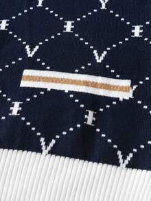 2pcs Set: 1pc Elegant Colorblock Striped Letter Sweater With Faux Pockets Knit Cardigan And 1pc Colorblock Letter Knit Skirt, Suitable For Daily Wear, Vacation, Spring, Autumn, Winter - Navy Blue - View 6