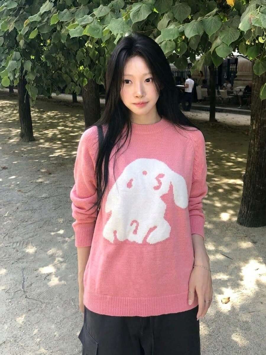 New Fashion Pink Sweet Style Cartoon Pattern Women's Loose Casual Sweater - Pink - View 1