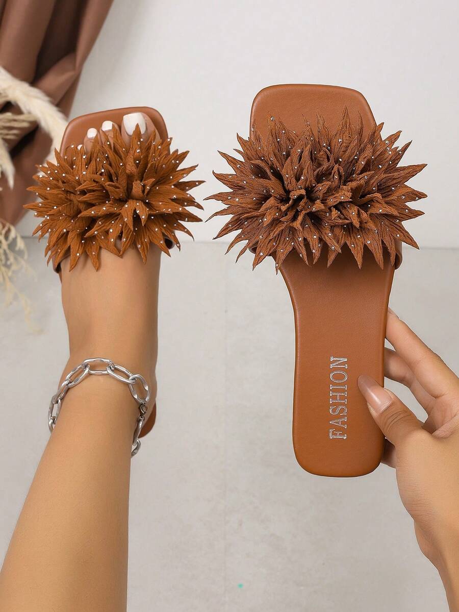 3D Floral Sandals, Flat Beach Shoes Comfortable Slippers - Brown - View 1