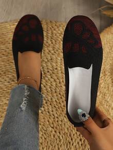 Vintage Jacquard Knit Slip-On Shoes, Soft Sole Lightweight Slip-On Flat Shoes For Commuting And Casual Wear - Black - View 1