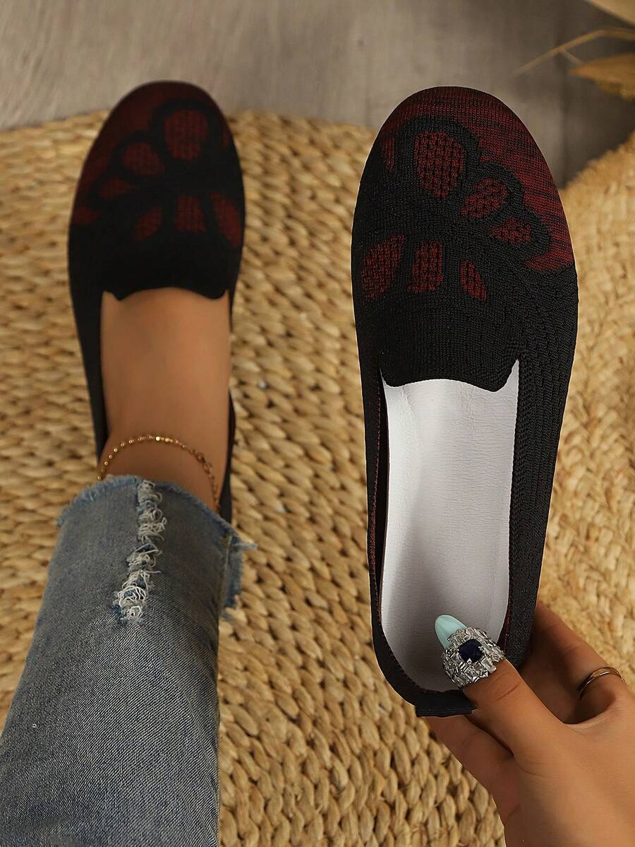 Vintage Jacquard Knit Slip-On Shoes, Soft Sole Lightweight Slip-On Flat Shoes For Commuting And Casual Wear - Black - View 1