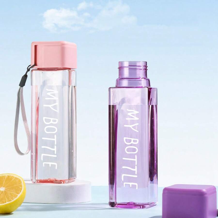 1pc 500ml/16.9oz Creative Highly Attractive Student Portable Sports Water Cup Fashionable Minimalist Square Plastic Cup - Multicolor - View 1