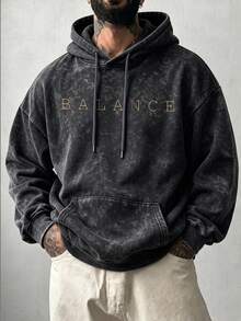 Men's Washed Distressed Hoodie With BALANCE Brain & Heart Print, Kangaroo Pocket And Drawstring Hood - Dark Grey - View 2