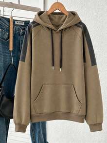 Women's Khaki Contrast Panel Hoodie, Relaxed Pullover Sweatshirt With Kangaroo Pocket, Casual Streetwear - Coffee Brown - View 3