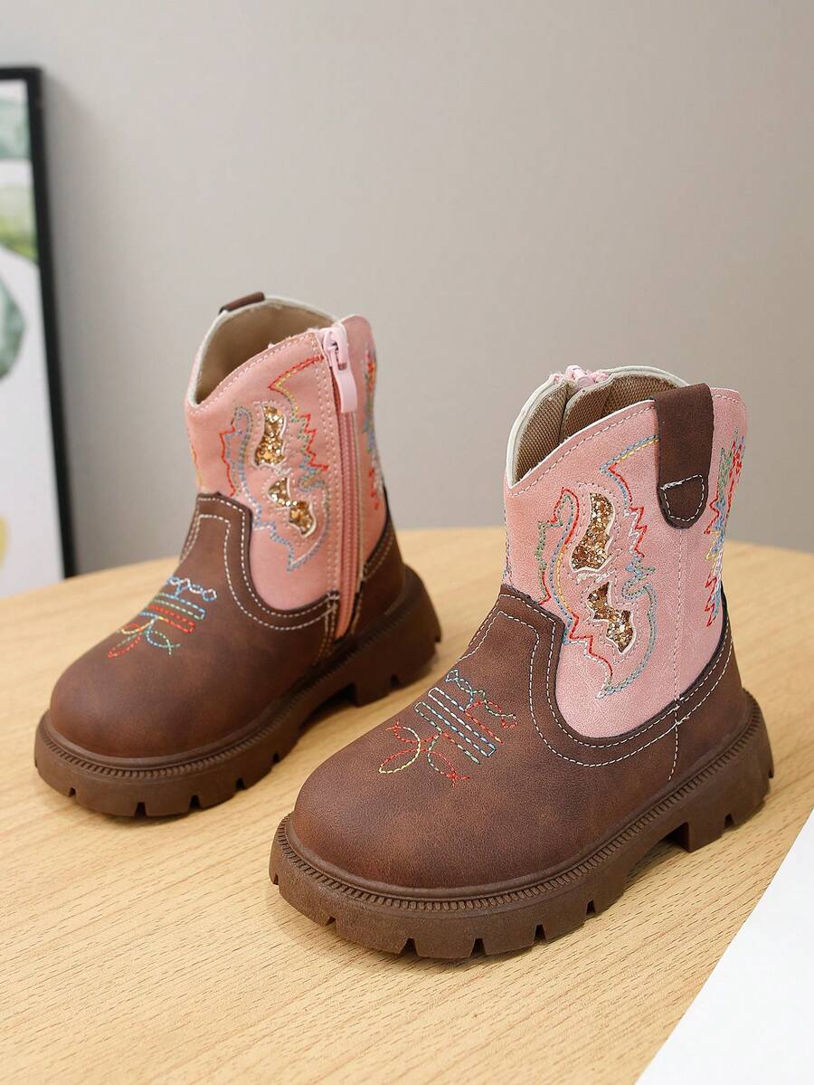 西式刺繡兒童靴,中筒復古西部靴,時尚舒適平底靴,適合秋冬日常穿著 - 粉色 - 查看 1