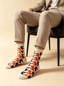Kaos Kaki Pria Abu-abu Motif Argyle Patchwork dengan Manset Bergaris, Bahan Katun, Menyerap Keringat, Bernapas, Gaya Bisnis Inggris, Panjang Setengah Betis, Cocok untuk Perjalanan ke Kantor - MultiWarna - View 3