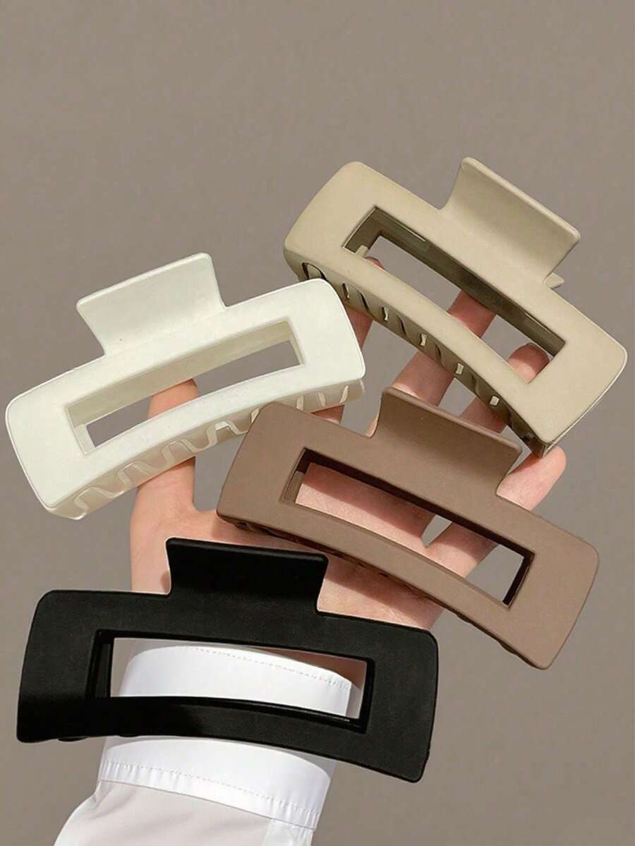 1/4pcs Women's Large Rectangular Shark Hair Clips, Durable Resin Material, Geometric Hollow Design, Wide Teeth Secure Grip Anti-Slip, Suitable For Long Hair, Thick Hair And Curly Hair, Minimalist Fashion Style Daily Hair Accessories, Suitable For All Seasons - White - View 1
