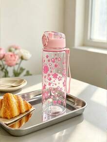 Garrafa De Água Com Padrão De Flor Rosa De 500ml, Copo De Água De Plástico Simples E Transparente, 1 Unidade - Rosa chiclete - Visão 3