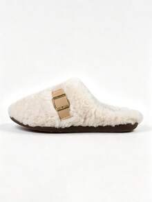 Women's Solid Color Slip-On Thermal Lined Anti-Slip Flat Fashion Versatile Home Slippers Suitable For Autumn/Winter - White - View 9