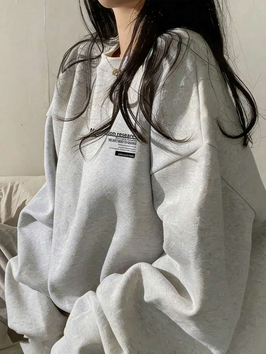 女款秋冬純棉寬鬆休閒百搭日系字母印花圓領衛衣 - 深花灰 - 查看 1