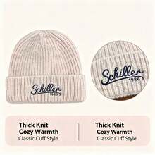 Women Embroidery Chunky Ribbed Knit Beanie Hat, Oversized Big Head Friendly Fluffy Fold Cuff Winter Warm Casual Fall Accessory - Chillen Embroidered Fashionable Korean Style Knit Hat - View 6