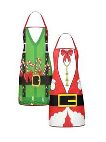 2 Pcs/1 pcs Celemek Pasangan Natal Motif Kostum Santa & Elf Celemek Dapur Pesta Kue Natal - MultiWarna - View 2