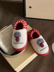 XIXITIAO Cute Color Block Small Mushroom Closed Back Slippers For Women, Warm Fuzzy Home Maternity Slippers - Red - View 2