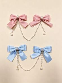 2pcs Mixed Color Hair Clips, Women's Hair Accessories With Faux Pearl Chain Bowknot Hair Clips, Princess Tassel Headpiece For Photo Shoot, Outfit Styling, Girls' Hair Accessories (Paper Card For Display Only) - Multicolor - View 7