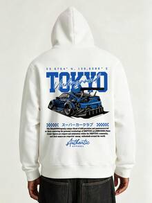 Men's Casual Sports Commute Versatile Blue Car Print Graphic Long Sleeve Hooded Pullover Fleece Sweatshirt - White - View 1