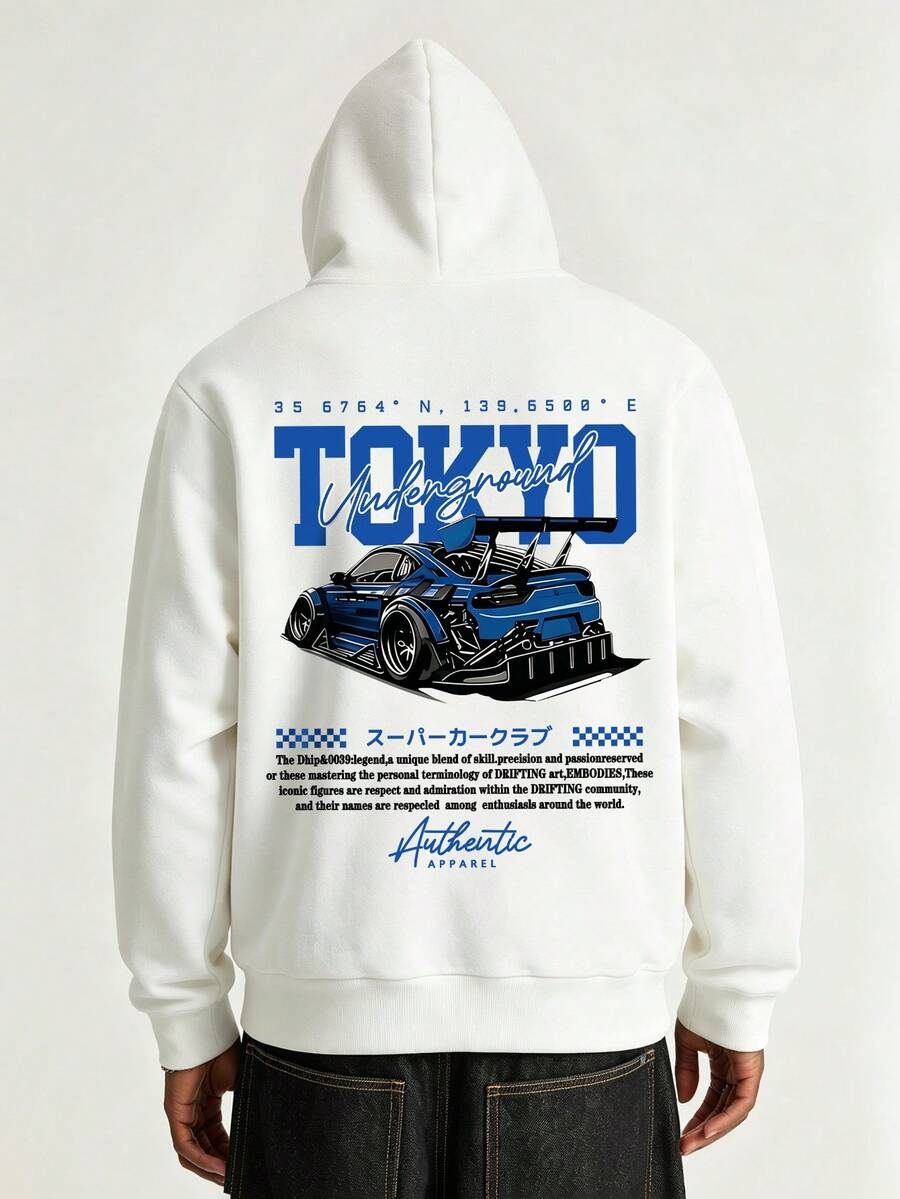 Men's Casual Sports Commute Versatile Blue Car Print Graphic Long Sleeve Hooded Pullover Fleece Sweatshirt - White - View 1