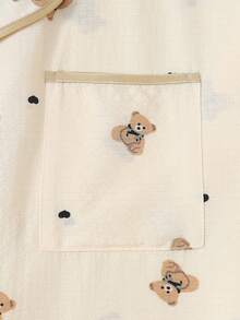 2pcs/Set Women's Comfortable Black Spade Teddy Bear Print Short Sleeve Collared Top And Bowknot Shorts Pajama Set - Apricot - View 5