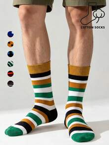 1/3/5 Pairs Unisex Colorful Striped Print Crew Socks, Contrast Cuff Design, Novel Mid-Calf Socks, Suitable For Daily Streetwear - Multicolor - View 2