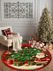 Round Burgundy Christmas Tufted Rug Checkered Border Snowman Gingerbread Gift Candy Cane Plush Rug - Multicolor - View 3
