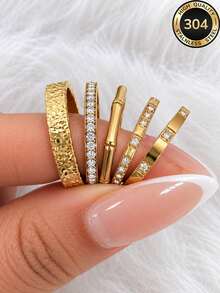5pcs/Set 18k Gold Plated Women's Minimalist Luxury Stackable Rings, Durable For Daily Wear, Halloween/Christmas Holiday Gift - Gold - View 3