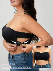 Plus Size Strapless Bandeau Bra With Wavy Edge, Seamless Anti-Slip Push-Up Bustier - Black - View 1