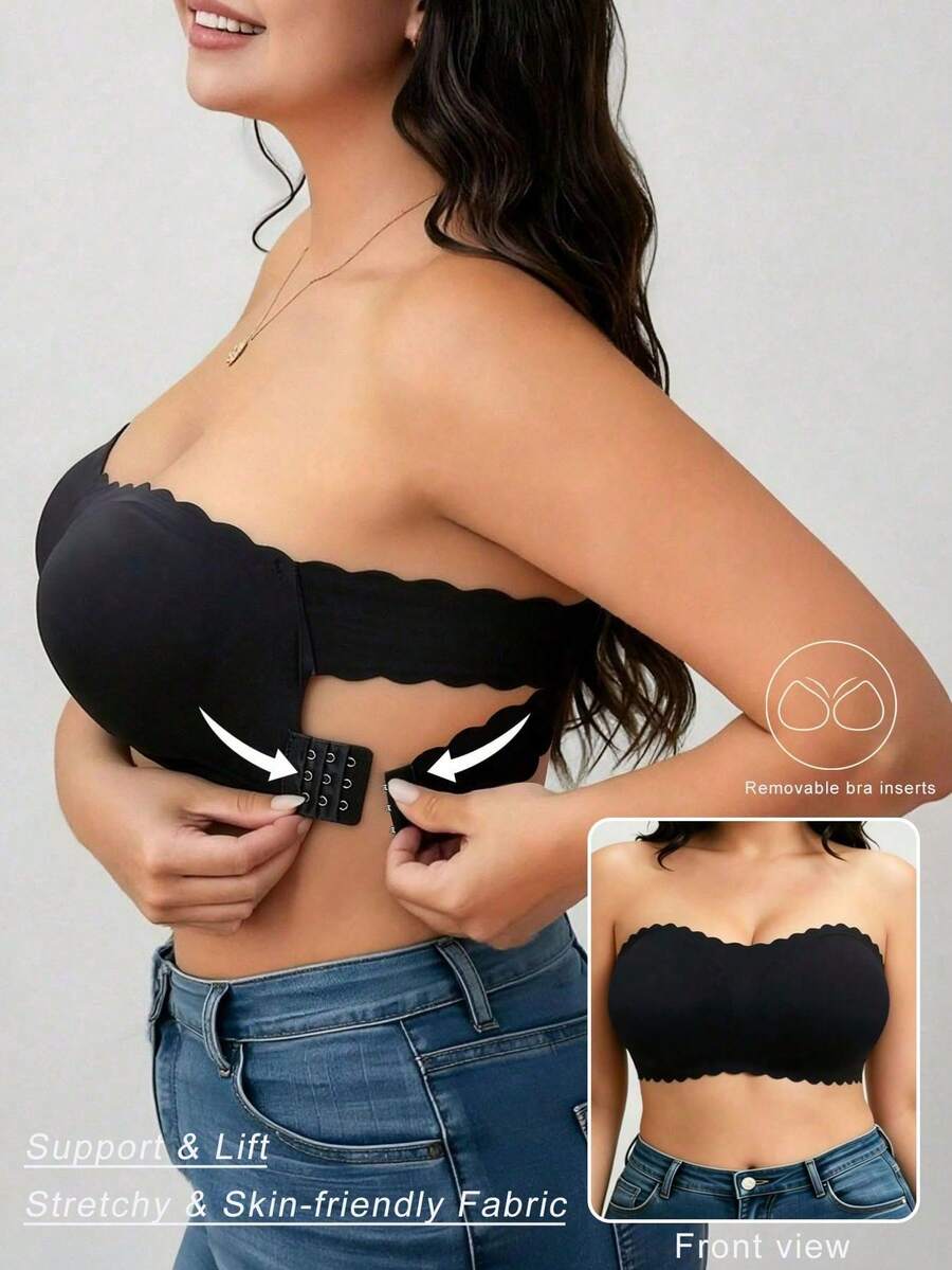 Plus Size Strapless Bandeau Bra With Wavy Edge, Seamless Anti-Slip Push-Up Bustier - Black - View 1