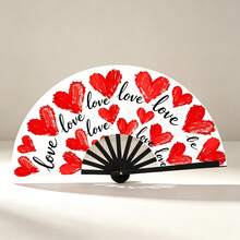 White Background Red Brush Heart Love Kung Fu Sounding Fan, Hand-Painted Red Heart Full Print Folding Fan, Romantic Date Party Photo Prop - Multicolor - View 5
