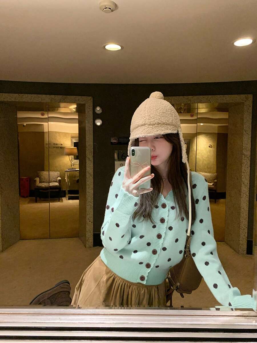 Polka Dot V-Neck Knit Cardigan Slimming Women's Autumn Short Sweater