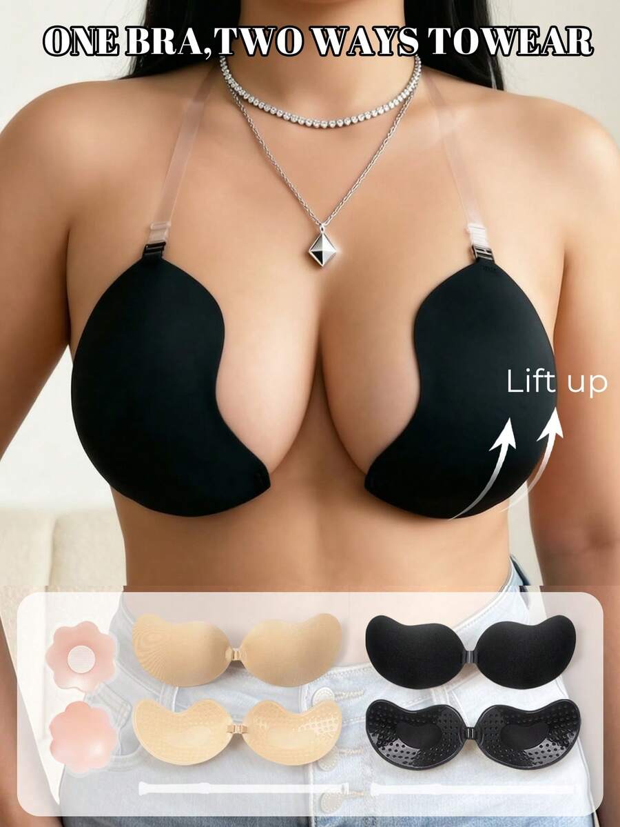 1 Pair Mango Yellow Push-Up Adhesive Bra, Invisible Strap Design, Front Closure, Provides Breast Support, Comfortable And Reusable, Suitable For Swimwear, Bikini And Deep V-Neck Outfits, Includes 1 Pair Silicone Flower Nipple Covers