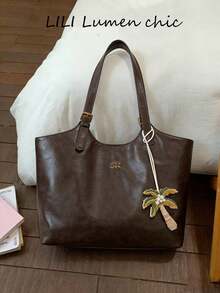 Vintage Distressed Soft Leather Shoulder Bag, Large Capacity With Gold Adjustable Buckle Strap, Detachable Braided Coconut Tree Charm, Soft Wrinkled Texture, Open Top, Fits Books And Tablets, Suitable For Commuting, Students, Classes And Travel, Retro Vibe - Coffee Brown - View 1