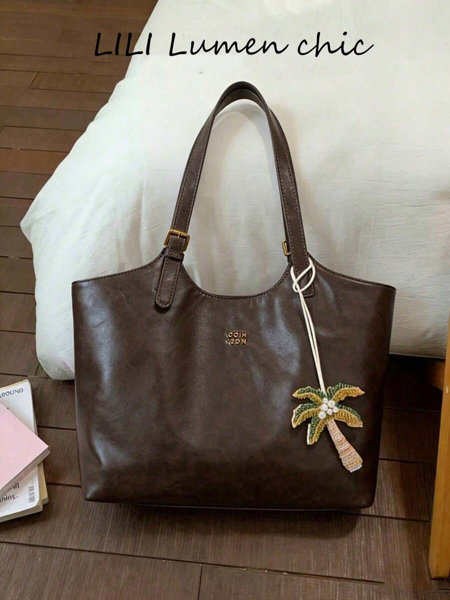 Vintage Distressed Soft Leather Shoulder Bag, Large Capacity With Gold Adjustable Buckle Strap, Detachable Braided Coconut Tree Charm, Soft Wrinkled Texture, Open Top, Fits Books And Tablets, Suitable For Commuting, Students, Classes And Travel, Retro Vibe - Coffee Brown - View 1