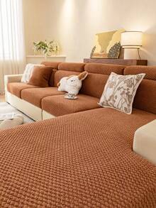 1pc Soft Cotton Velvet Solid Color Sofa Cover, Elastic Stretch Fit, All-Season Warm & Comfortable Minimalist Ins Style Pet-Friendly Non-Slip Elastic Washable Sofa Slipcover, Suitable For L-Shaped 1/2/3/4 Seater Sofa In Living Room, Bedroom, Study - Khaki - View 6
