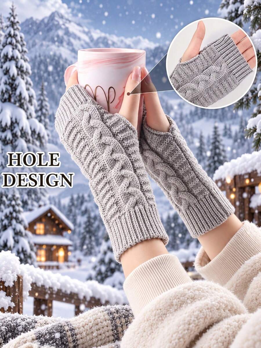 Women'S Thermal Fingerless Gloves, Winter Thumb Hole Wrist Warmers With Crochet Hooks For Arm Warmth