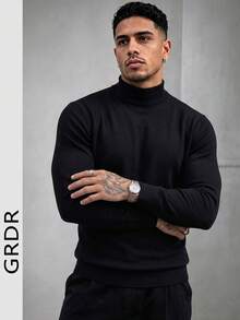 GRDR Men's Autumn/Winter Solid Color Half-High Neck Long Sleeve Sweater - Black - View 2